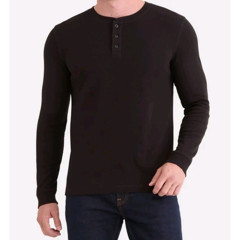 NWT George Long Sleeve Thermal Henley Shirt Men's Waffle Knit Black Size XL